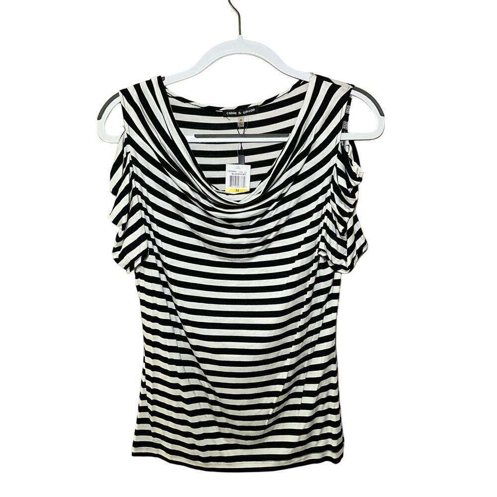 Cable & Gauge Tank Top Women's M Ivory/Black Striped Sleeveless Elastic Sides